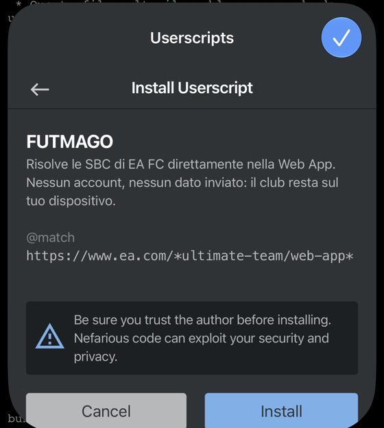 La schermata di conferma di Userscripts, con il nome FUTMAGO e il tasto Install